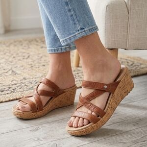 Crocs A-Leigh Leather Cross-Strap Cork Wedge Sandals - Brown - Size 9